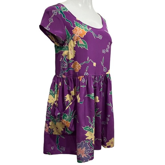 LUX Silk Baby Doll Mini Dress, Pockets, Purple Floral, M - Picture 1 of 8